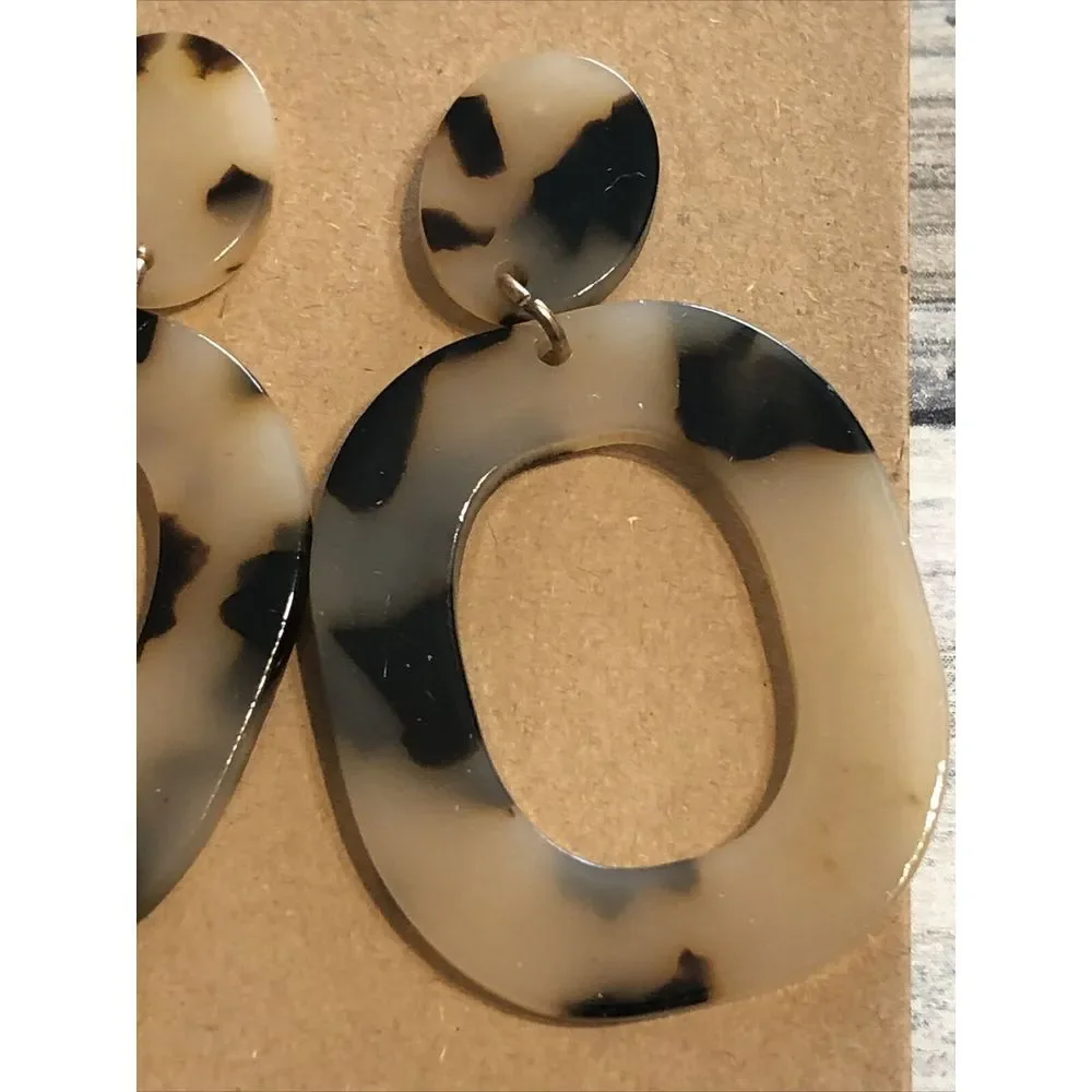Tortoise Shell Oblong Acrylic‎ Earrings Drop Dangle Brown Beige